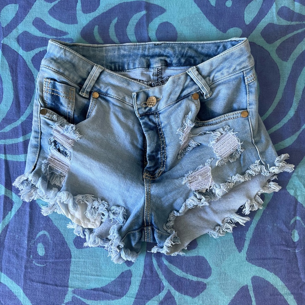 Denim frayed booty shorts high waisted mid rise original